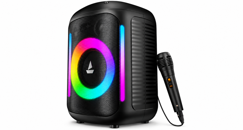 boAt PartyPal 30 25W Portable Bluetooth Party Speaker with RGB LED Lights, Wired Microphone, TWS Mode, 6 Hours Playback, USB & AUX Connectivity – Premium Black