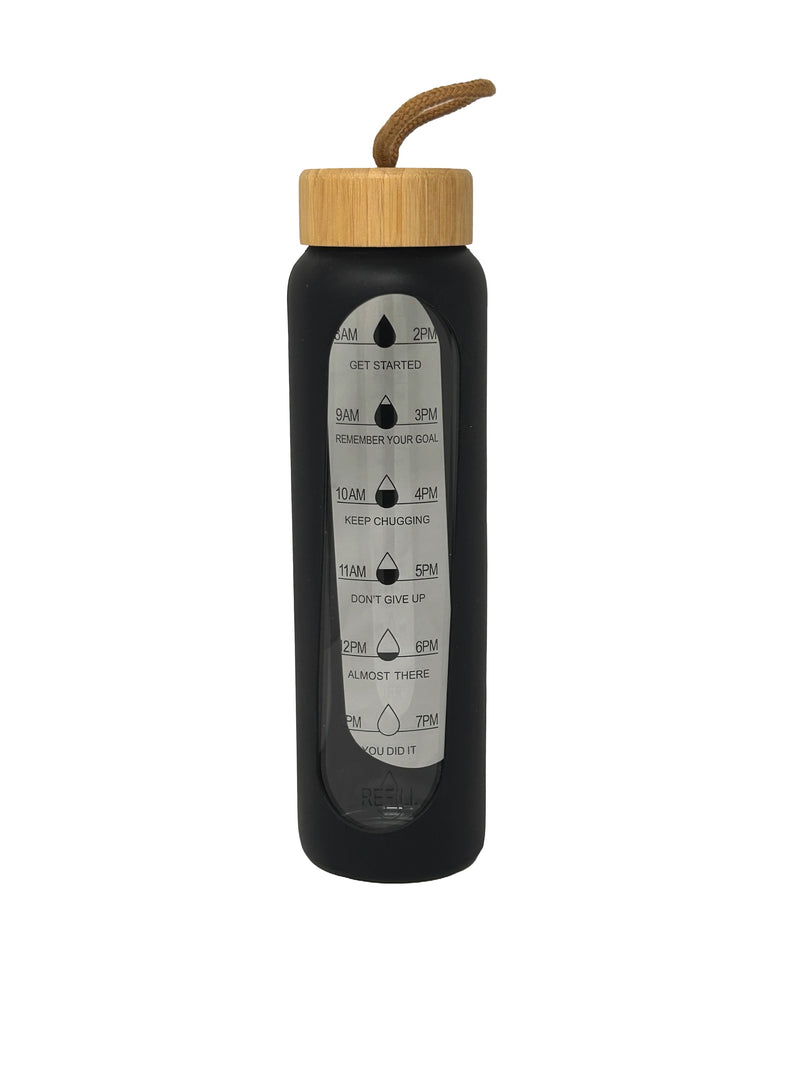 Motivational Water Bottle with Time Markers & Bamboo Lid | Hydration Tracker Bottle | 1 Ltr