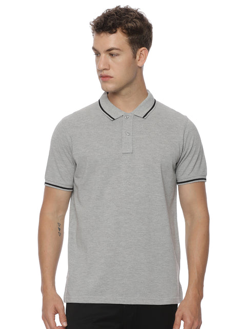 Monte Carlo Men's Light Grey Melange Tipping Polo T-Shirt | Premium Half Sleeve Cotton Polo with Contrast Collar