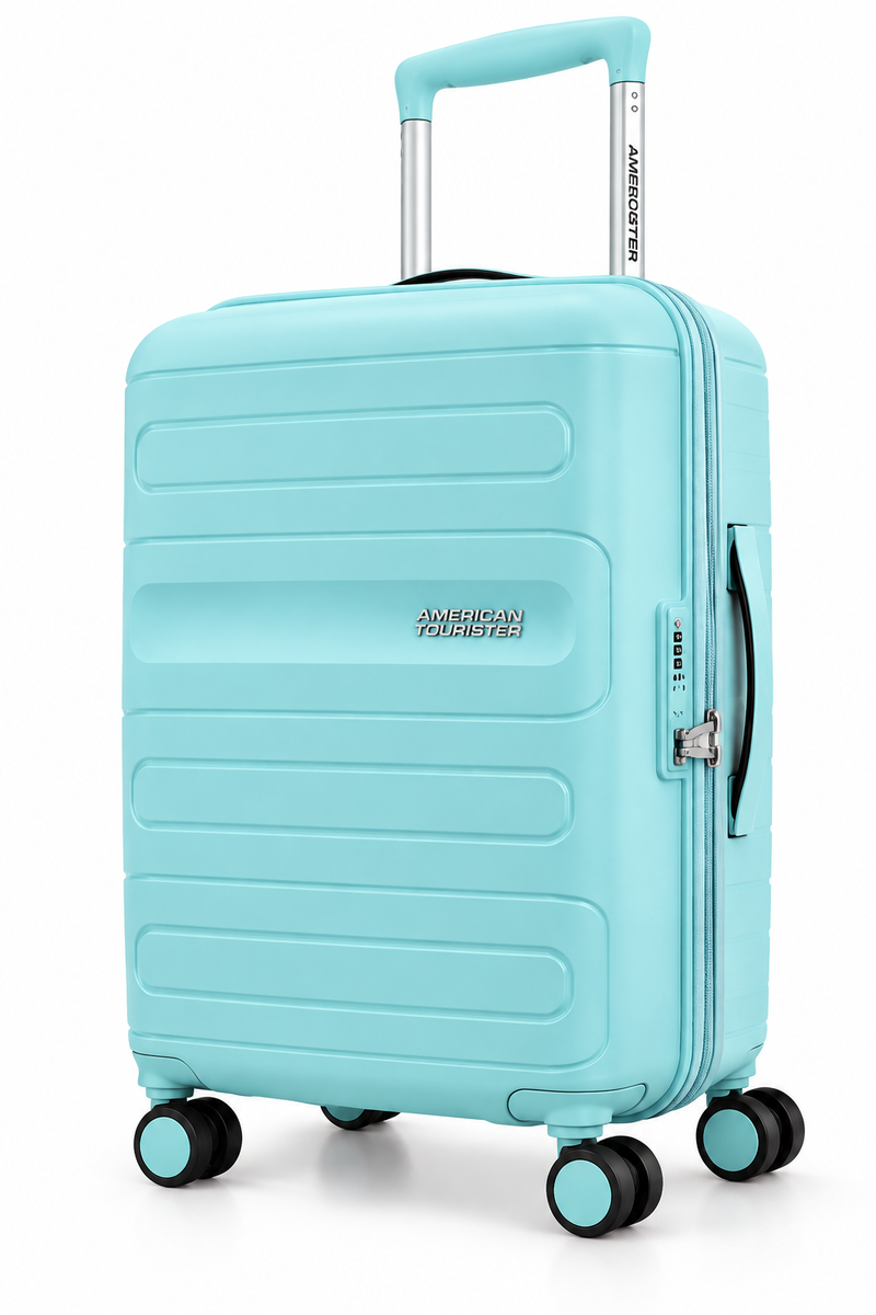 American Tourister Rinnia 67.5cm Medium Trolley Bag – Light Blue Polypropylene Hard Shell Luggage, 8 Wheels