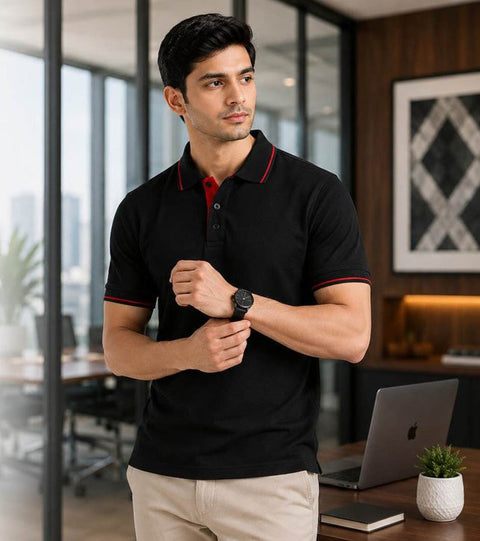 Premium Black Polo T-Shirt with Red Tipping | Cotton Polo Collar T-Shirt | Corporate & Casual Wear