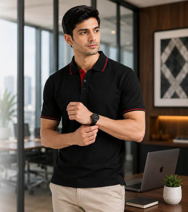 Premium Black Polo T-Shirt with Red Tipping | Cotton Polo Collar T-Shirt | Corporate & Casual Wear