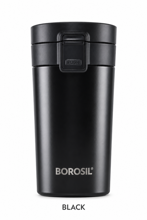 Borosil Coffeemate 300 ML Vacuum Insulated Stainless Steel Travel Mug – Black, White & Mocha