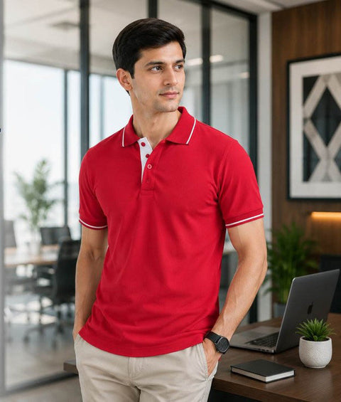 Premium Red Polo T-Shirt with White Tipping | Cotton Polo Collar T-Shirt | Corporate & Casual Wear
