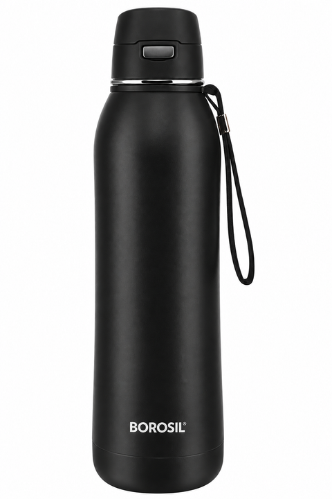 Borosil Rivera Vacuum Insulated Stainless Steel Water Bottle – Black | 600 ML & 800 ML