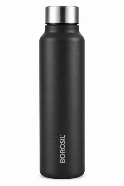 Borosil Sip-N-Chill Single Wall Stainless Steel Water Bottle – Black, 1 L