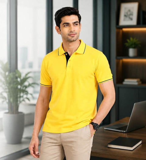 Premium Yellow Polo T-Shirt with Black Tipping | Cotton Polo Collar T-Shirt | Corporate & Casual Wear