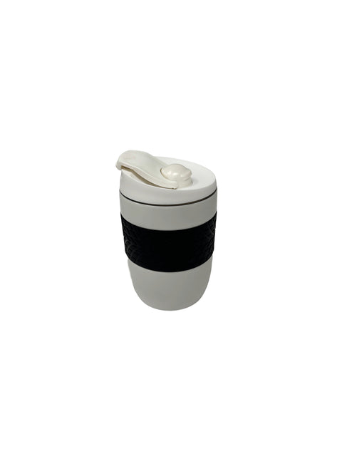 White Insulated Travel Coffee Cup with Tyre-Grip Silicone Band & Flip Lid | Compact Commuter Mug 350 ml