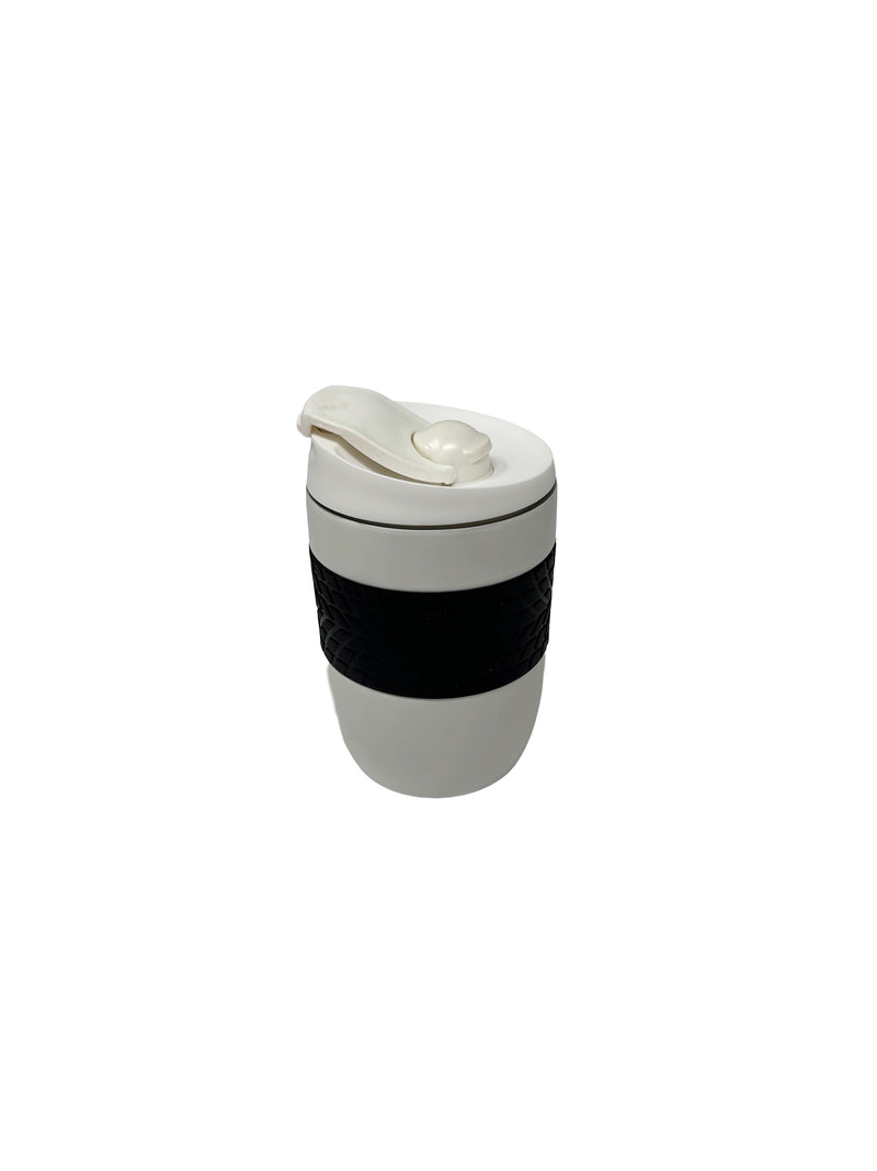 White Insulated Travel Coffee Cup with Tyre-Grip Silicone Band & Flip Lid | Compact Commuter Mug 350 ml