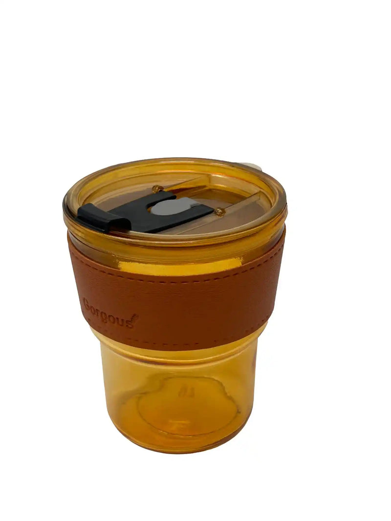Amber Transparent Glass Travel Cup with PU Leather Sleeve & Sliding Lid | Reusable Coffee Glass 350ml