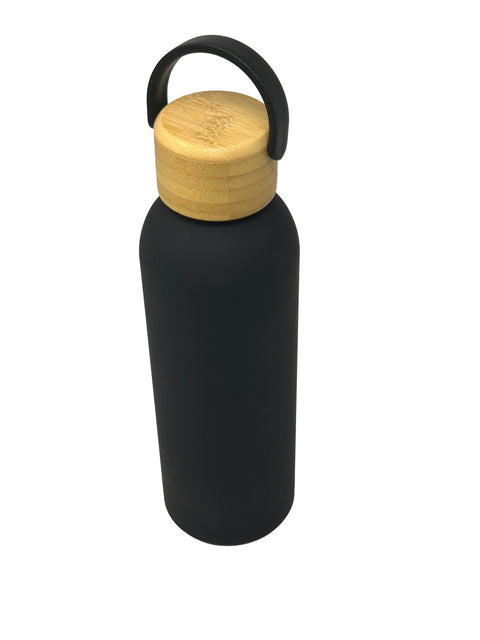 Matte Black Water Bottle with Bamboo Lid & Silicone Carry Loop | Insulated Stainless Steel | 500 ML