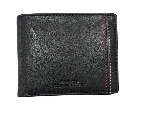 French Connection Genuine Leather Men's Bifold Wallet | Black Premium Leather Wallet with Contrast Stitching