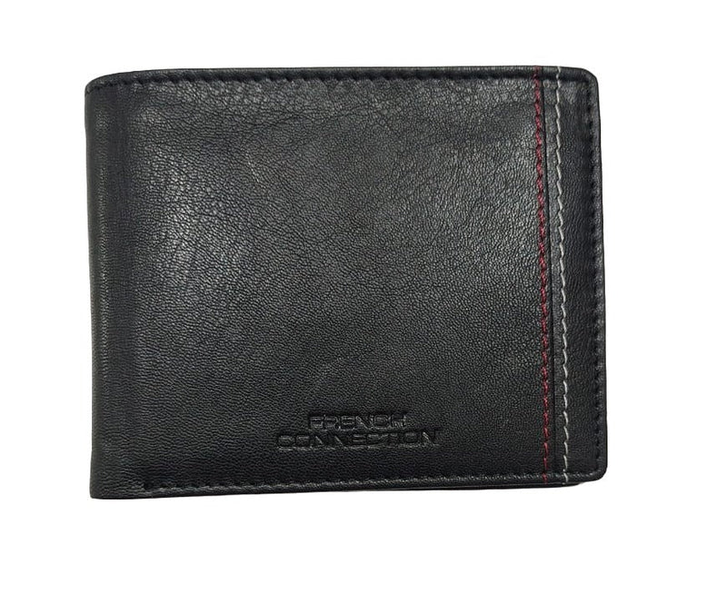 French Connection Genuine Leather Men's Bifold Wallet | Black Premium Leather Wallet with Contrast Stitching