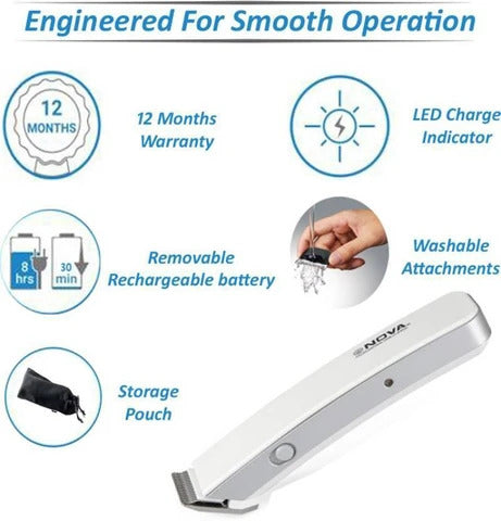 NOVA NHT-1047 White Cordless Rechargeable Beard & Hair Trimmer for Men | Stainless Steel Blades